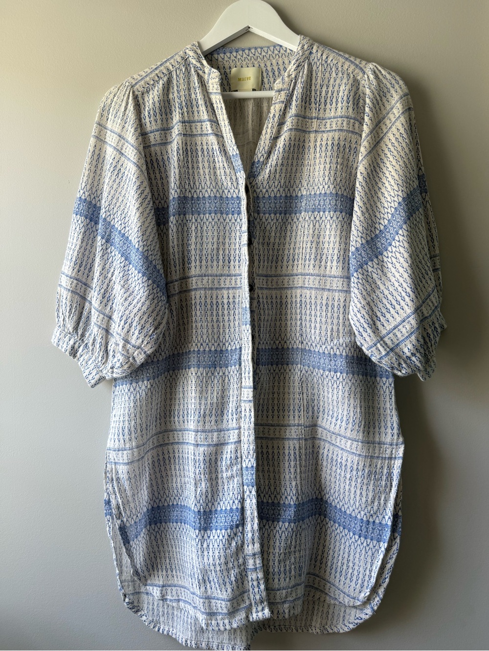 Maeve Anthropologie Blue Ivory Printed Shirt Dress Tunic Blouse XS Petite